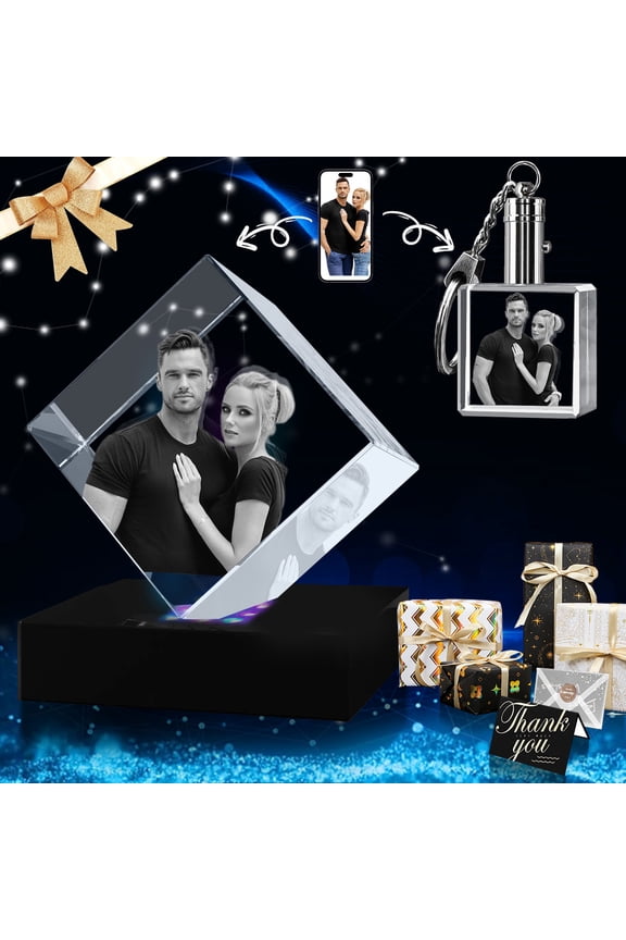3D Crystal Photo and Keychain Square Shape Innovation Crystal Picture Personalized Gifts with Your Photo Customized Couples Pet Gifts with Colorful Light Base (Small Premuim)