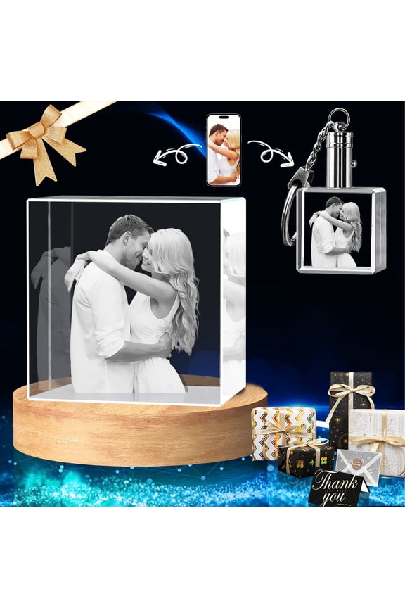 3D Crystal Photo and Keychain Square Shape Innovation Crystal Picture Personalized Gifts with Your Photo Customized Couples Pet Gifts with Colorful Light Base (Small Premuim-A)