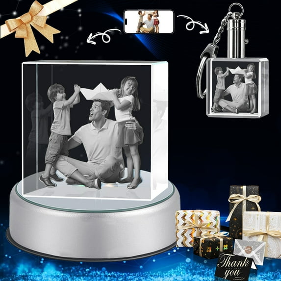 3D Crystal Photo and Keychain Square Shape Innovation Crystal Picture Personalized Gifts with Your Photo Customized Couples Pet Gifts with Colorful Light Base (Medium Premuim-B)