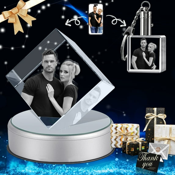 3D Crystal Photo and Keychain Square Shape Innovation Crystal Picture Personalized Gifts with Your Photo Customized Couples Pet Gifts with Colorful Light Base (Small Premuim-B)