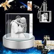 3D Crystal Photo and Keychain Square Shape Innovation Crystal Picture Personalized Gifts with Your Photo Customized Couples Pet Gifts with Colorful Light Base (Small Premuim-B)