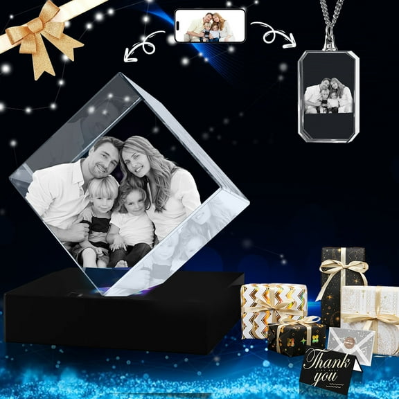 3D Crystal Photo and Necklace Square Shape Innovation Crystal Picture Personalized Gifts with Your Photo Customized Couples Pet Gifts with Colorful Light Base (Large Premuim)