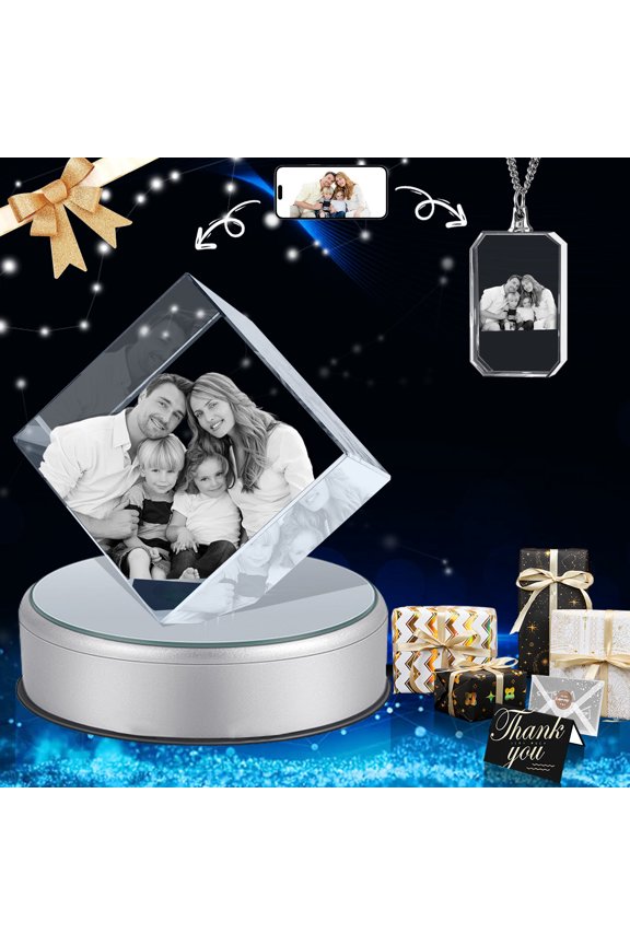 3D Crystal Photo and Necklace Square Shape Innovation Crystal Picture Personalized Gifts with Your Photo Customized Couples Pet Gifts with Colorful Light Base (Large Premuim-B)