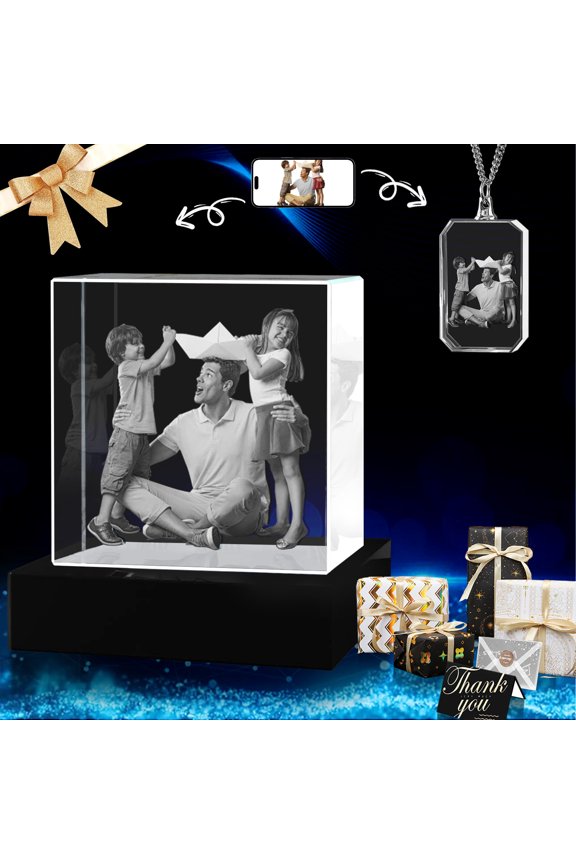 3D Crystal Photo and Necklace Square Shape Innovation Crystal Picture Personalized Gifts with Your Photo Customized Couples Pet Gifts with Colorful Light Base(Medium Premuim)