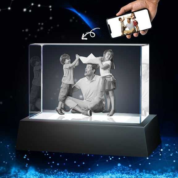 3D Crystal Photo Rectangle Shape Innovation Crystal Picture Personalized Gifts with Your Photo Customized Couples Pet Gifts with Colorful Light Base for Mom, Dad, Men, Women, Christmas (Medium)
