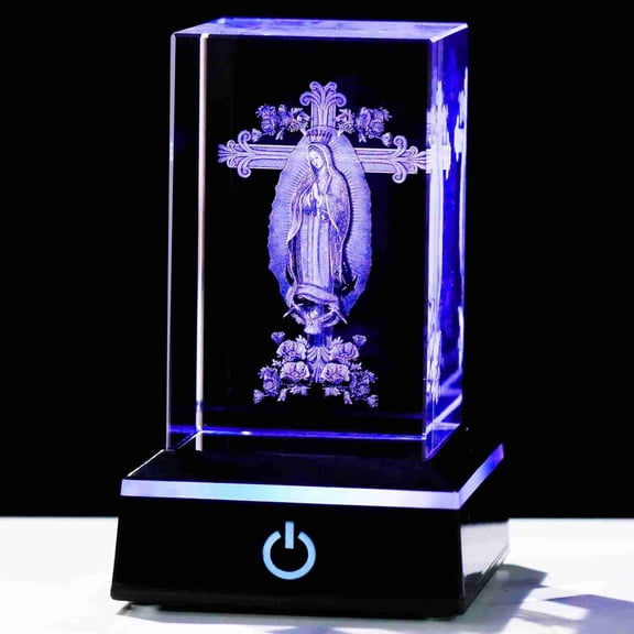 3D Crystal Virgen De Guadalupe Statues with Cross, Our Lady of Guadalupe Figurine with Colorful Base Laser Engraved Christian Religious Gifts for Women Friends Family, Virgin Mary Home Decor