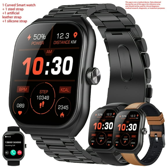 3D Curved Screen Smart Watch for Men, 2.01-Inch Display, Call Function, Android/iPhone Compatible, Fitness Tracker, 3 Straps