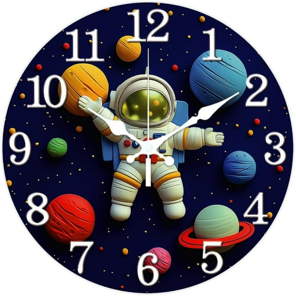 3D Cute Astronaut Pattern Wall Clock 12 Inch Non-Ticking Clocks Round Starry Sky Planet Wall Hanging Clock Battery Operated for Bedroom Living Room Kitchen Office