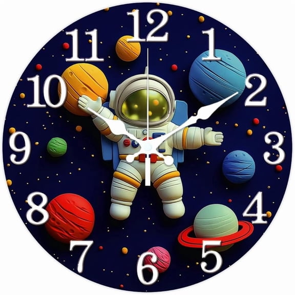 3D Cute Astronaut Pattern Wall Clock 12 Inch Non-Ticking Clocks Round Starry Sky Planet Wall Hanging Clock Battery Operated