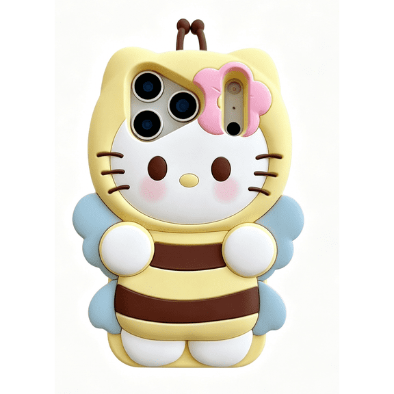 3D Cute Bee Kitty Phone Case for iPhone 17 Pro Max 7 8 Plus SE X Xs Max XR 11 12 13 Mini 14 15 16 Plus, Soft Rubber Silicone Kawaii Cartoon Shockproof Protective Phone Shell for Girls Women