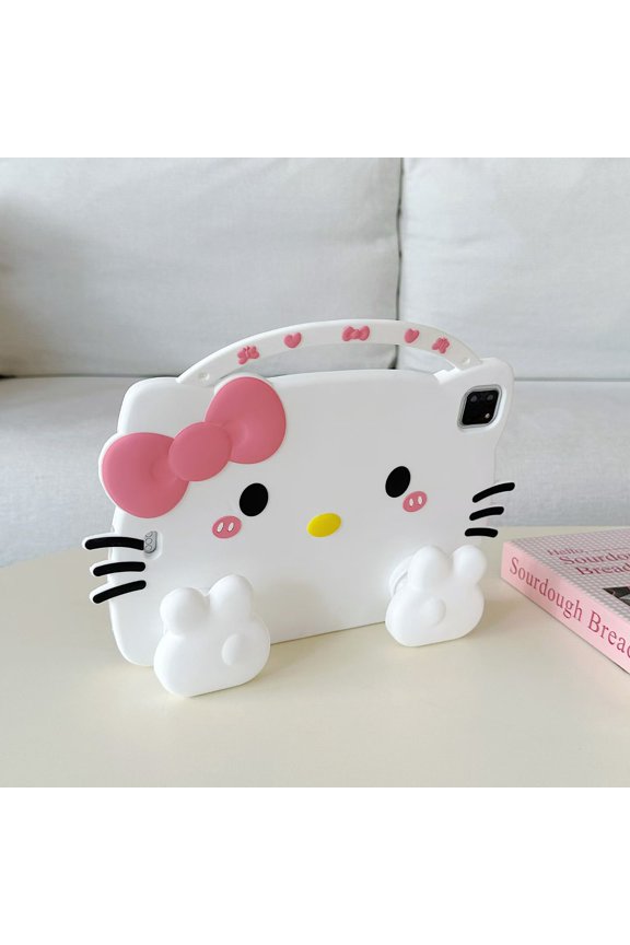 3D Cute Cartoon iPad Case for Kids, Shockproof Silicone Cover with Handle Stand, Adorable Kitty Cat Design