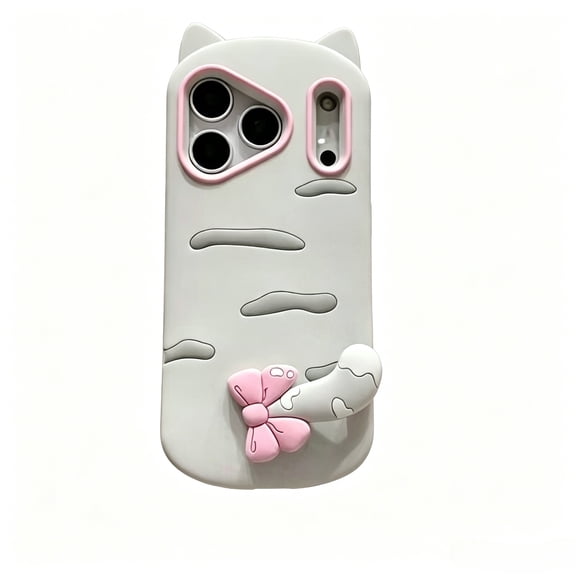 3D Cute Cat Silicone Phone Case for iPhone 17 Pro Max, Gray Striped Cat Cover with 3D Bow & Cat Ears, Soft Shockproof Protective Case for Women Girls