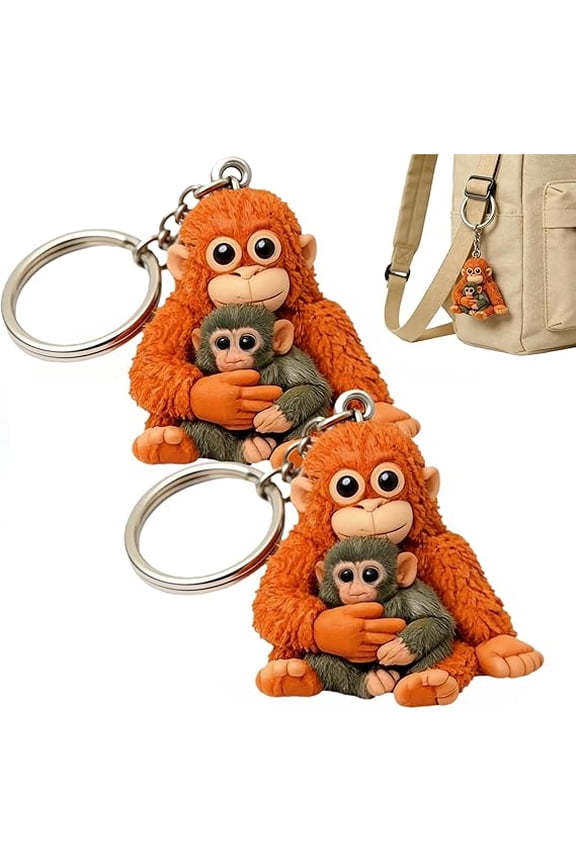 3D Cute Monkey Holding Plush Keychain – Soft Plush Toy Hanging Pendant for Backpack, Purse & Car Keys, Funny Animal Gift for All Ages(2PCS)