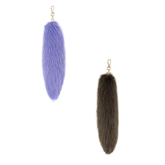 3D Cute Tail Keychain Pendant Women Key Ring Holder Pompoms Key Chains Fashionable Hairy Tail, 31x9 cm, Blue & Coffee 1Pack