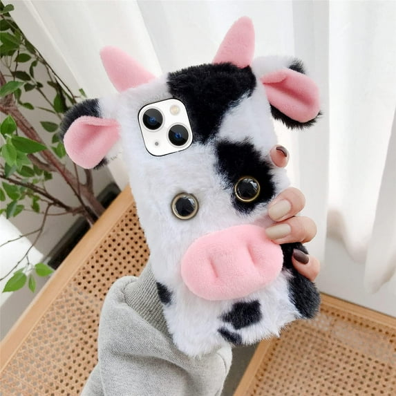 3D Cute for iPhone 13 Case Plush Furry Fuzzy for Women Fuzzy Fluffy Cartoon Cow Fur Hair Girly Protection Cover for iPhone 13 Phone Case Black