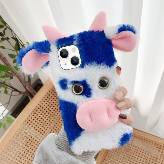 3D Cute for iPhone 13 Case Plush Furry Fuzzy for Women Fuzzy Fluffy Cartoon Cow Fur Hair Girly Protection Cover for iPhone 13 Phone Case Blue