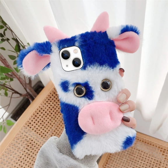 3D Cute for iPhone 13 Case Plush Furry Fuzzy for Women Fuzzy Fluffy Cartoon Cow Fur Hair Girly Protection Cover for iPhone 13 Phone Case Blue