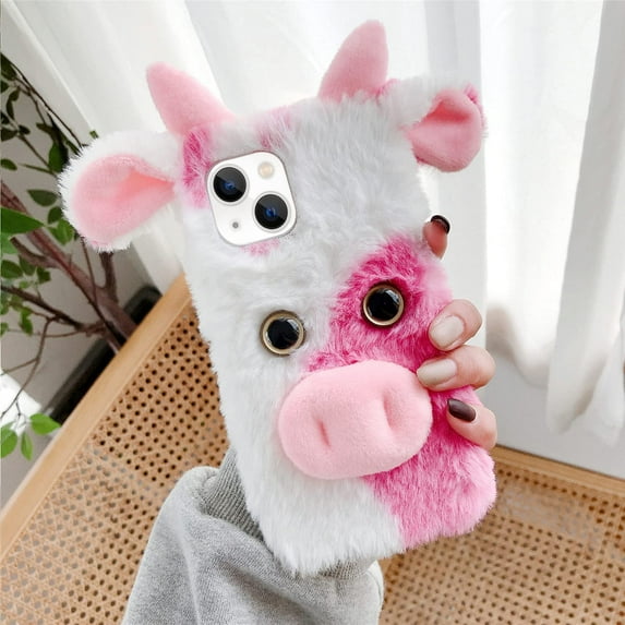 3D Cute for iPhone 13 Case Plush Furry Fuzzy for Women Fuzzy Fluffy Cartoon Cow Fur Hair Girly Protection Cover for iPhone 13 Phone Case Pink
