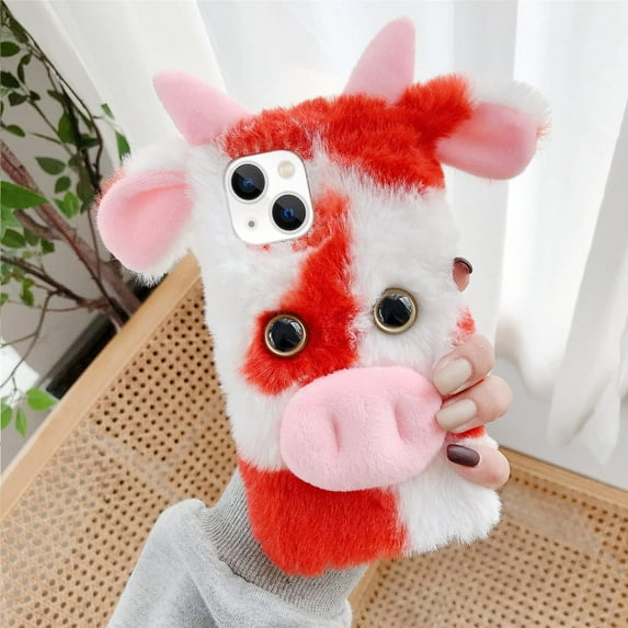 3D Cute for iPhone 13 Case Plush Furry Fuzzy for Women Fuzzy Fluffy Cartoon Cow Fur Hair Girly Protection Cover for iPhone 13 Phone Case Red