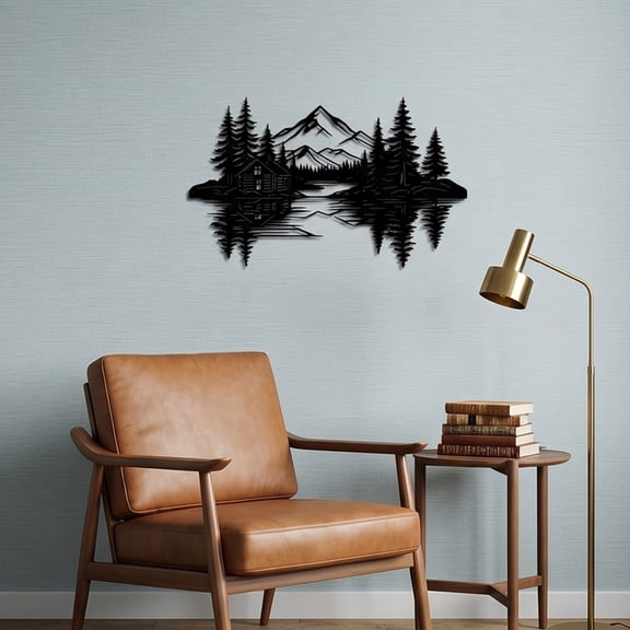 3D Cutout Metal Wall Art Lake Cabin Mountain Forest Hanging Sign Rustic Nature Scene Decoration Farmhouse Indoor Silhouette Decor for Living Room Bedroom Entryway