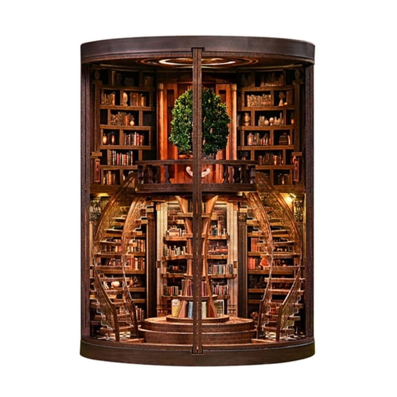 3D DIY Book Nook Kit, "Wisdom Tree Ring Library" Wooden Miniature House & Bookend, Creative Puzzle Dollhouse Model with Artistic Decor for Bookshelf, Desk & Home - Unique Gift for Adults & Teens