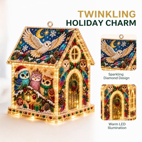 3D DIY Pearl Diamond Painting House Kit for Adults, Christmas Owl Family LED Lighted Diamond Art House, Christmas Tree Ornament Tabletop Holiday Decor & Xmas Gift