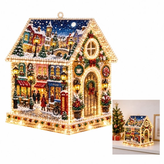 3D DIY Pearl Diamond Painting House Kit for Adults, Christmas Village Street Scene LED Lighted Diamond Art House, Christmas Tree Ornament Tabletop Holiday Decor & Xmas Gift