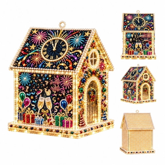 3D DIY Pearl Diamond Painting House Kit for Adults, New Year Firework Clock LED Lighted Diamond Art House, Christmas Tree Ornament Tabletop Holiday Decor & Xmas Gift