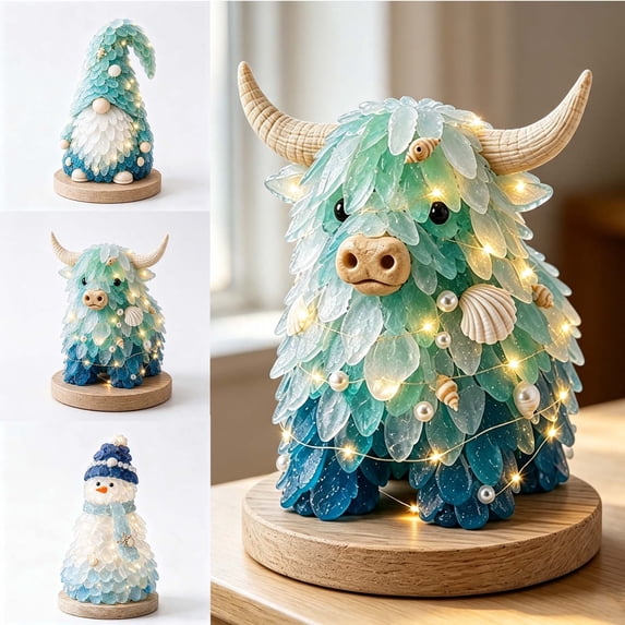 3D DIY Sea Glass Art Kit with LED Lights, Coastal Holiday Decor Making Kit, Handmade Sea Figurine Art Set for Christmas, Highland Cow Decor, Shell & Home Decoration(A)