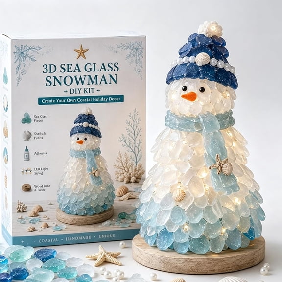 3D DIY Sea Glass Art Kit, Light Up Craft Kit with Sea Glass, Shells & Pearl Accents, Coastal Ocean Inspired Mosaic Art Decoration, Creative Handmade Gift