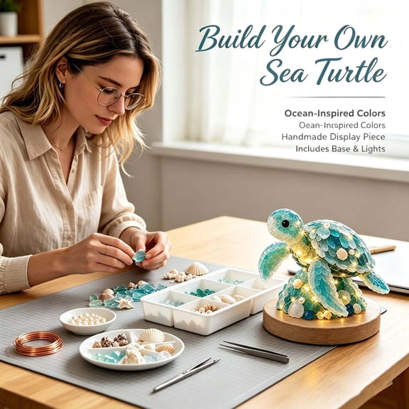 3D DIY Sea Glass Art Kit,Turtle Craft Kit with Shells & Pearl Accents,Creative Handmade Gift for Adults, Beginner Friendly, Christmas Gift