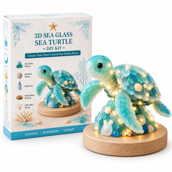 3D DIY Sea Glass Sea Turtle Art Kit, Light Up Craft Kit with Sea Glass, Shells & Pearl Accents, Coastal Ocean Inspired Mosaic Art Decoration, Creative Handmade Gift