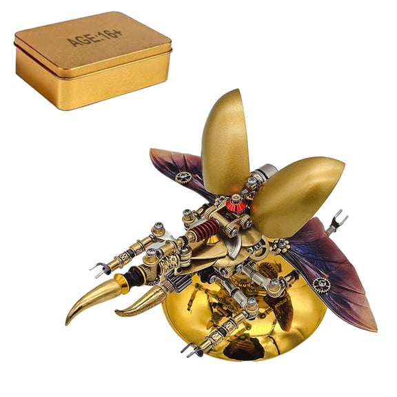 3D DIY Steampunk Hercules Beetle Metal Assembly Model with LED Light, Mechanical Dynastes Insect Desk Decor, Stainless Steel Art Collectible