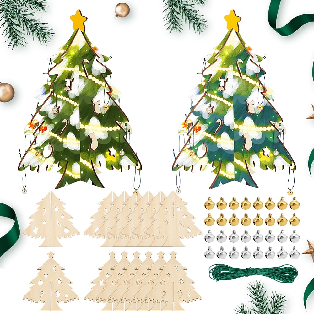 3D DIY Wooden Christmas Tree Ornaments Craft Kit 6 Sets Unfinished Christmas Tree Wood Slices Pendants Set with Bell Charms 3m Green Nylon