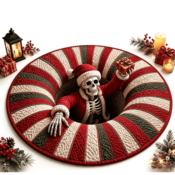 3D Dark Christmas Optical Illusion Round Rug, Spooky Skeleton Santa Abyss Visual‑Depth Carpet, Crystal Velvet Non‑Slip Floor Mat, 24 Inches (A)