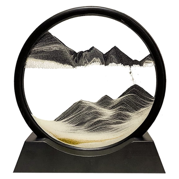 3D Deep Sea Sandscape Liquid Motion, Round Glass Frame Display Flowing Sand Relaxing Gift for Kids Adults Home Office Work Desktop Decoration Toy (Black, 7")