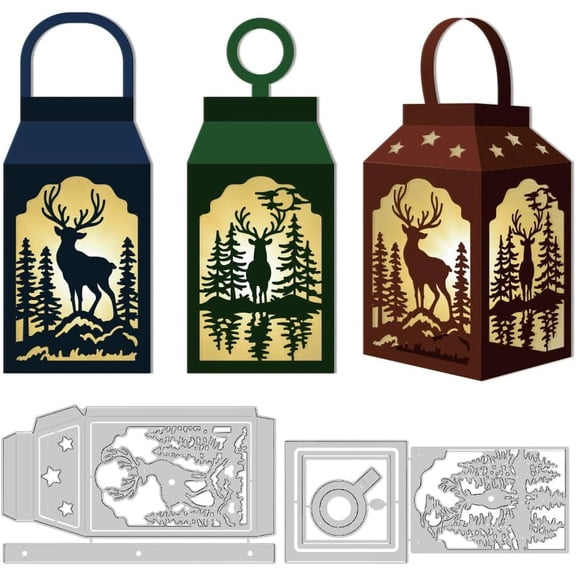 3D Deer Forest Lantern Cutting Dies Card Making Die Stencil Carbon Steel Lights Lantern Die Cuts Scrapbooking Embossing Template Stainless Steel Color