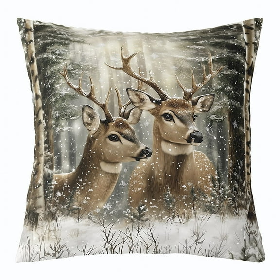 3D Deer Throw Pillow Cover,Winter Snow Jungle Scenery Cushion Covers for Couch Sofa Living Room Bedroom Decor,Animals Pillows Cases Rustic Farmhouse Style Pillows Covers,16"Lx16"W