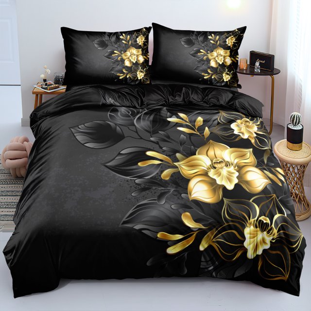 3D Design Flowers Duvet Cover Floral Bedding Set Comforter Cover Pillowcases King Size Black