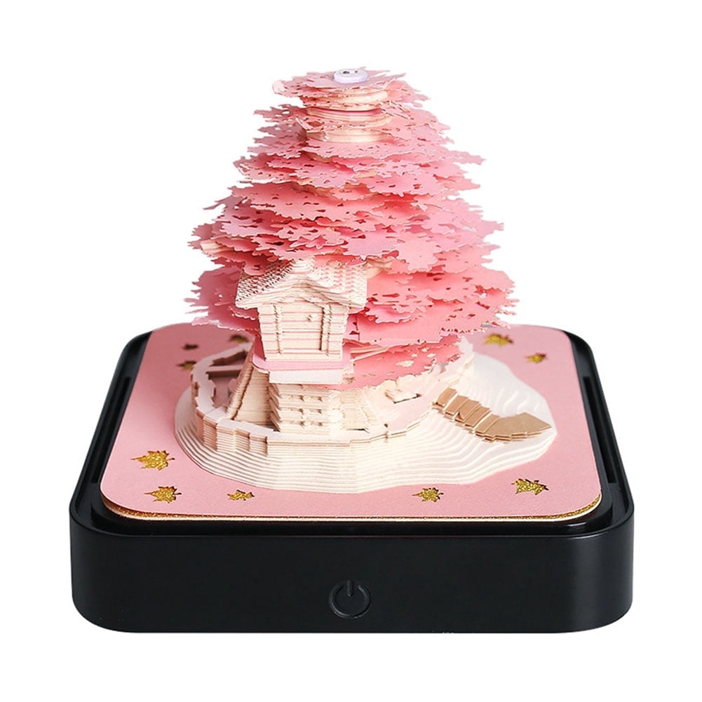 3D Desk Calendar 2026 with LED Lights, 3D Art Calendar Memo Pad 2026, Tear-Away 3D Paper Art Notepad, Romantic Tree House Desktop for Christmas New Year Gifts (Pink)