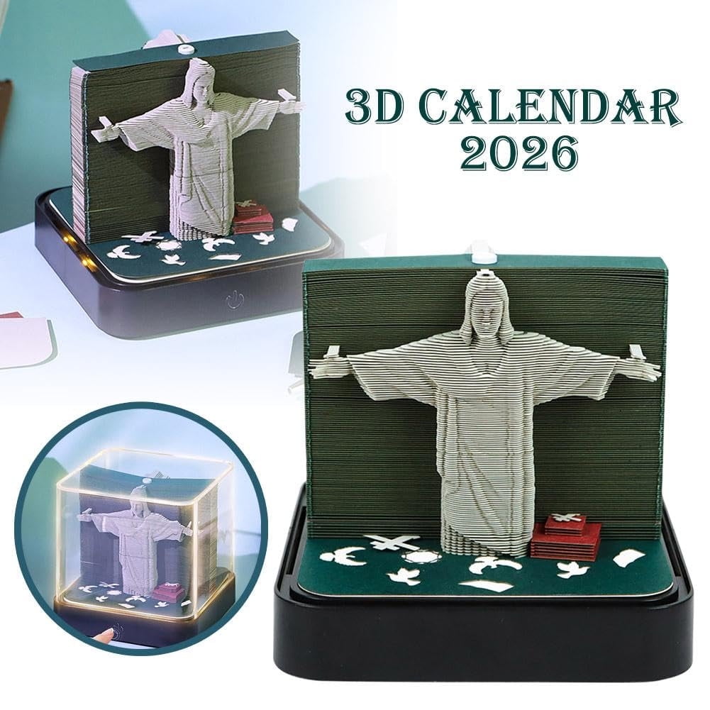 3D Desktop Calendar 2026 with LED Light – Carved Paper Notepad Sculpture Art Calendar, Multifunctional DIY Timepiece, Unique Holiday Gift for Home or Office