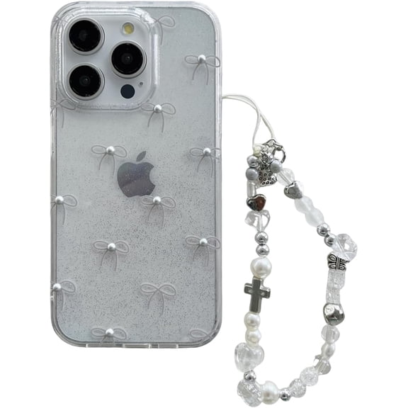 3D Diamond Clear Glitter Bow Case with Chain for iPhone 13 Pro Max,Chic Retro Ribbon INS Design Bling Slim Glossy Protective Girls Women Cover+Pearl Phone Charm(iPhone 13promax 6.7")