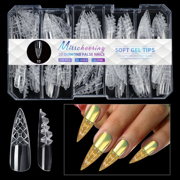 3D Diamond Clear Soft Gel Nail Tips, Full Cover Faceted False Nails for Nail Extensions, Nail Art and Press On Nails, 140 Count