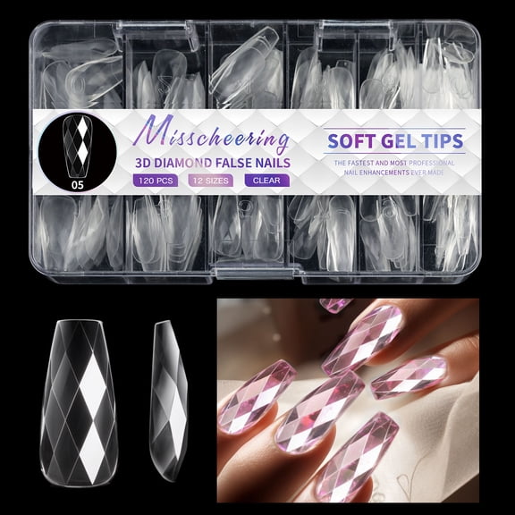 3D Diamond Clear Soft Gel Nail Tips, Full Cover Faceted False Nails for Nail Extensions, Nail Art and Press On Nails, 140 Count