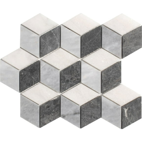 3D Diamond Crystal White & Tahoe & Black Honed Marble Mosaic Tile