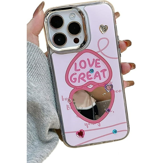 3D Diamond Cute Love Heart Plating Mirror Phone Case Compatible with iPhone Case (Clear,iPhone 15 Plus)