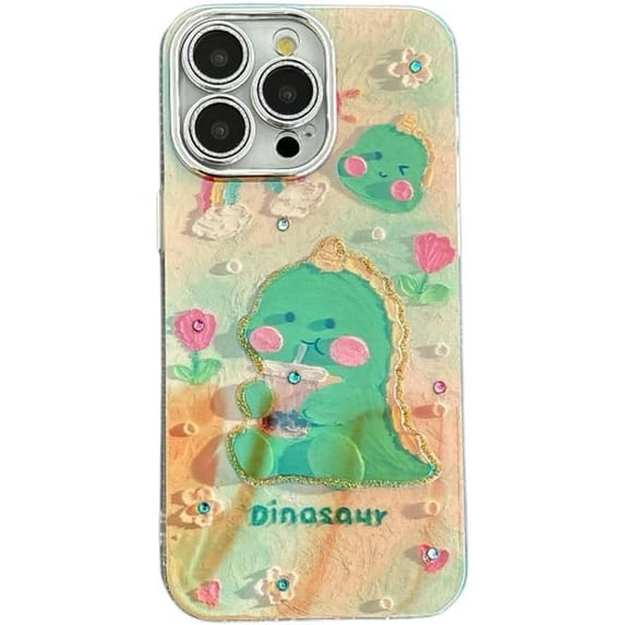 3D Diamond Cute Oil Painting Cartoon Dinosaur Rainbow Flowers Phone Case Compatible with iPhone Case (One,iPhone 14)