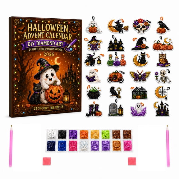 3D Diamond Painting Crafts Advent Calendar Sets, 2026 New Halloween Ghost Pearl Art DIY Countdown Kit, Full Drill Acrylic Ghost Pumpkin Witch Pendants Craft Supplies for Beginners Fall Decor Present