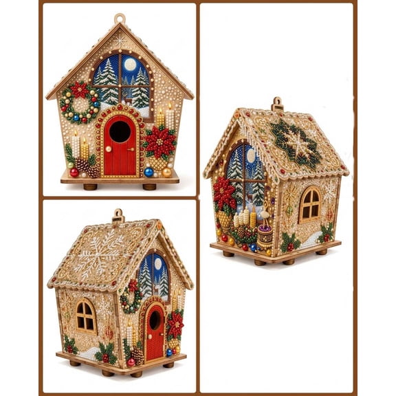 3D Diamond Painting Gingerbread House Kit, DIY Christmas Craft Kit for Beginner & Adults, Tabletop Ornament & Tree Hanging Holiday Decor for Indoor Outdoor