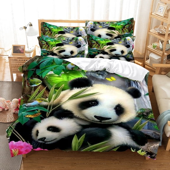 3D Digital Printed Green Bamboo Pandas Comfoter Cover Set Twin Size 3 Pcs Bedding Set Animal Duvet Set Home Decor 1 Quilt Cover With 2 Pillow Cases